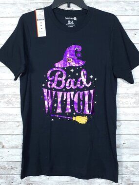 Halloween Adult Crew Neck T-Shirt 2XL Tee Bad Witch Hat Broom Shiny Purple 980A